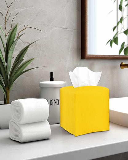 Yellow Tissue Box Cover Holder – with Bottom Belt [ , Lemon Yellow] Modern PU Leather Tissues Cube Box Cover Decorative for Bathroom Vanity Countertop/Night Stands/Office Desk, 5x5x5