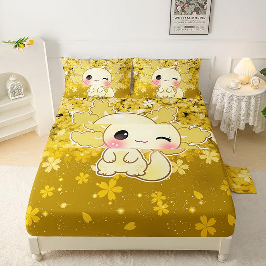 QOOMO Cartoon Animals Kids Sheet Set Queen Size,Kawaii Axolotl Print Bedding Set Lightweight All Seasons,Yellow Sets for Room Decoration,1 Fitted Sheet,1 Flat Sheet,2 Pillow Cases