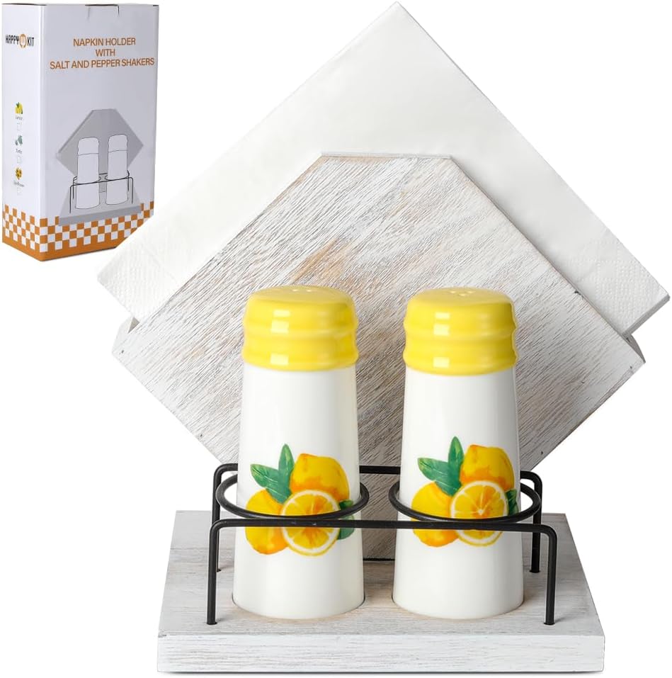 Rustic Farmhouse Napkin Holder Set - Natural Wood Kitchen Organizer with Lemon 2 Salt & Pepper Shakers for Countryside Dining & Minimalist Home Decor (Gift Ready)