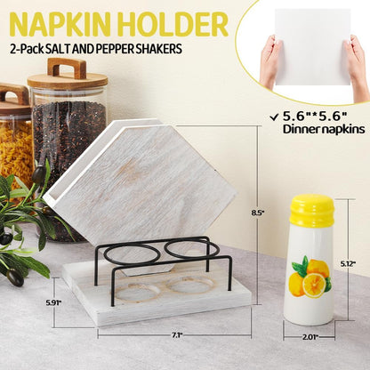 Rustic Farmhouse Napkin Holder Set - Natural Wood Kitchen Organizer with Lemon 2 Salt & Pepper Shakers for Countryside Dining & Minimalist Home Decor (Gift Ready)