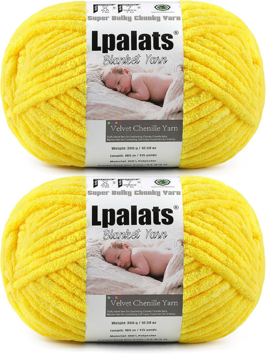 Baby Blanket Chenille Yarn for Crocheting, Yellow Super Bulky Chunky Yarn | 2 Pack 229.6 Yds, 21.16 Oz Plush Fluffy Velvet Yarn for Crochet, Soft Thick Yarn for Hand Knitting Cozy Blankets, Amigurumi