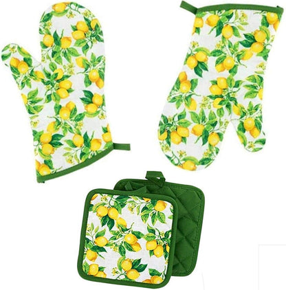 Oven Mitts - Pot Holders - Lemon Decor for The Kitchen - Potholder Oven Mitt Set (4 Piece) Lemons Design Includes 2 Potholders 2 Oven Mitts - Linen Citris Set - Kitchen Decor