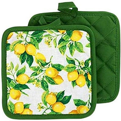 Oven Mitts - Pot Holders - Lemon Decor for The Kitchen - Potholder Oven Mitt Set (4 Piece) Lemons Design Includes 2 Potholders 2 Oven Mitts - Linen Citris Set - Kitchen Decor