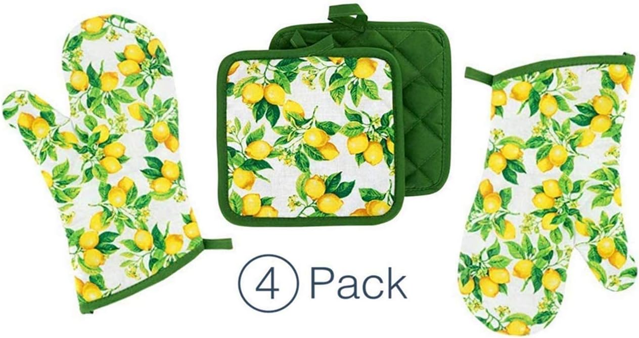 Oven Mitts - Pot Holders - Lemon Decor for The Kitchen - Potholder Oven Mitt Set (4 Piece) Lemons Design Includes 2 Potholders 2 Oven Mitts - Linen Citris Set - Kitchen Decor