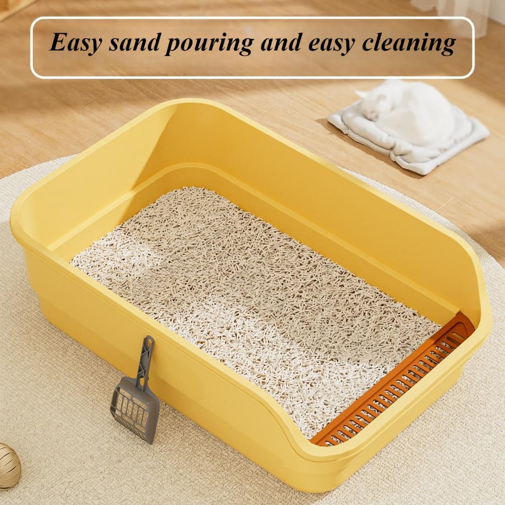 Extra Large Cat Litter Box with High Sides, Low Entry, Anti-Splashing, Easy to Clean, Large Litter Pan for Indoor Cats & Kittens,19.29''X14.57''(Yellow)
