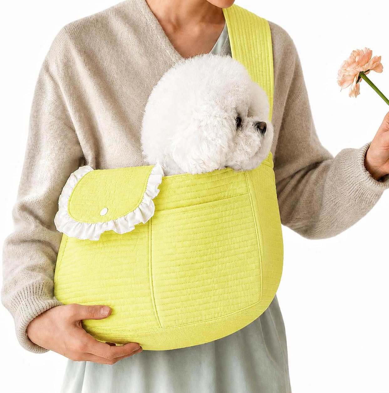 Dog Sling Carrier for Small Dogs and Cats, Soft Quilted Pet Shoulder Bag with Safety Tether, Hands-Free Puppy Travel Pouch with Front Pocket (Yellow,Small)