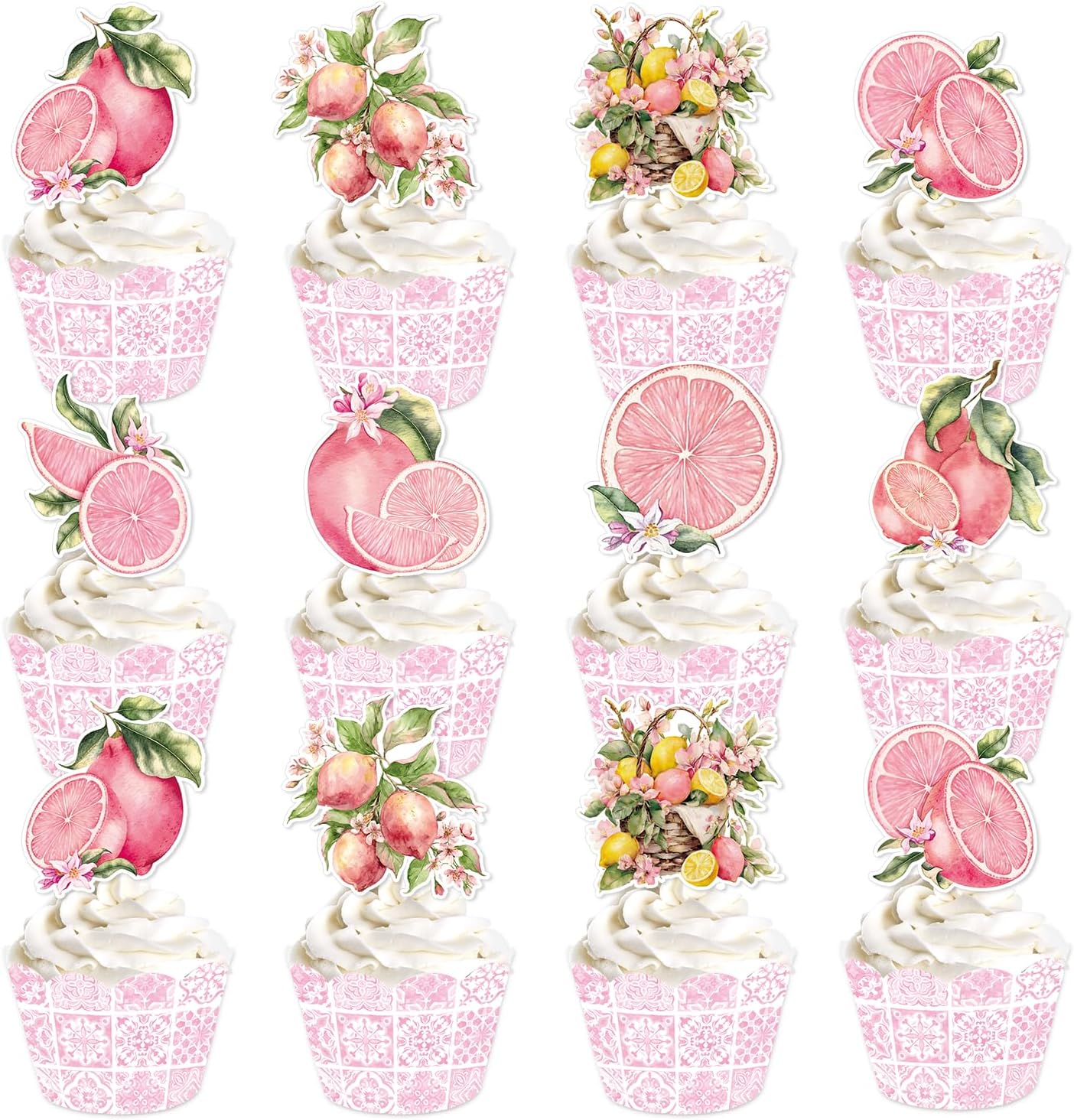 Capri Lemon Party Decorations - 48PCS Pink Amalfi Coast Party Decorations Cupcake Toppers & Wrappers Decor, Mediterranean Lemon Citrus Summer Birthday Baby Shower Bridal Wedding Supplies