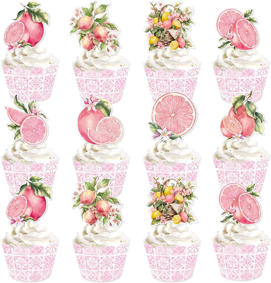 Capri Lemon Party Decorations - 48PCS Pink Amalfi Coast Party Decorations Cupcake Toppers & Wrappers Decor, Mediterranean Lemon Citrus Summer Birthday Baby Shower Bridal Wedding Supplies