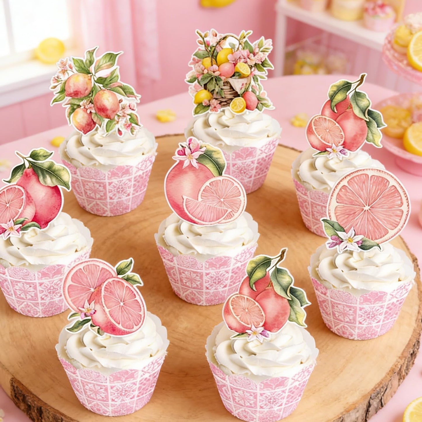 Capri Lemon Party Decorations - 48PCS Pink Amalfi Coast Party Decorations Cupcake Toppers & Wrappers Decor, Mediterranean Lemon Citrus Summer Birthday Baby Shower Bridal Wedding Supplies