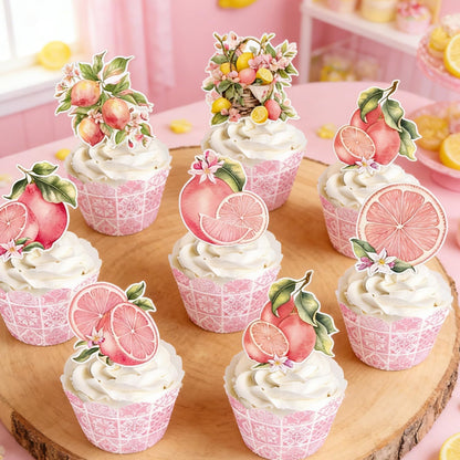 Capri Lemon Party Decorations - 48PCS Pink Amalfi Coast Party Decorations Cupcake Toppers & Wrappers Decor, Mediterranean Lemon Citrus Summer Birthday Baby Shower Bridal Wedding Supplies