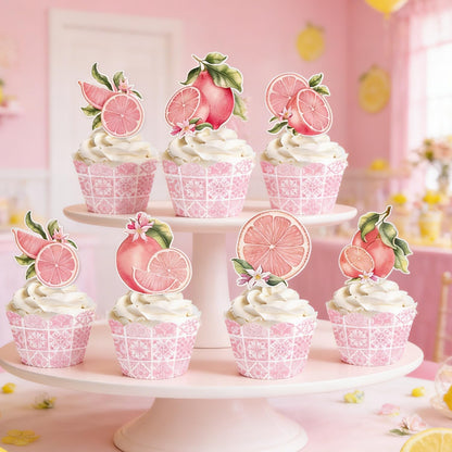 Capri Lemon Party Decorations - 48PCS Pink Amalfi Coast Party Decorations Cupcake Toppers & Wrappers Decor, Mediterranean Lemon Citrus Summer Birthday Baby Shower Bridal Wedding Supplies
