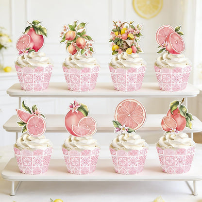 Capri Lemon Party Decorations - 48PCS Pink Amalfi Coast Party Decorations Cupcake Toppers & Wrappers Decor, Mediterranean Lemon Citrus Summer Birthday Baby Shower Bridal Wedding Supplies