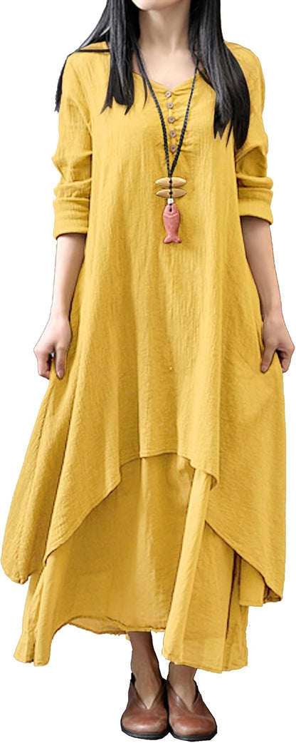 Women Long Sleeve V Neck Casual Loose Plus Size Irregular Long Dresses