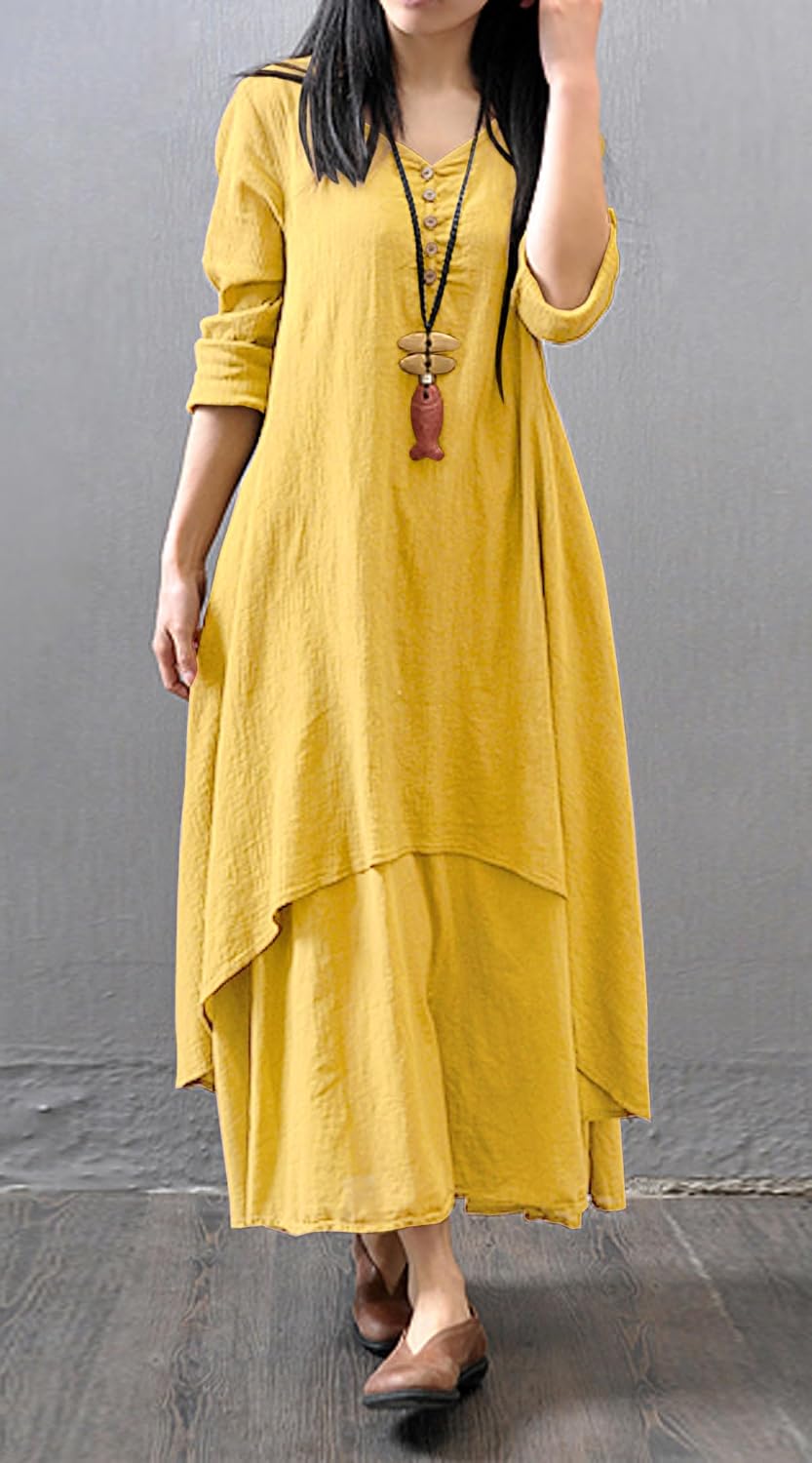 Women Long Sleeve V Neck Casual Loose Plus Size Irregular Long Dresses