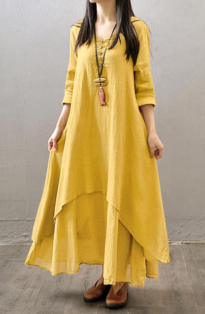Women Long Sleeve V Neck Casual Loose Plus Size Irregular Long Dresses