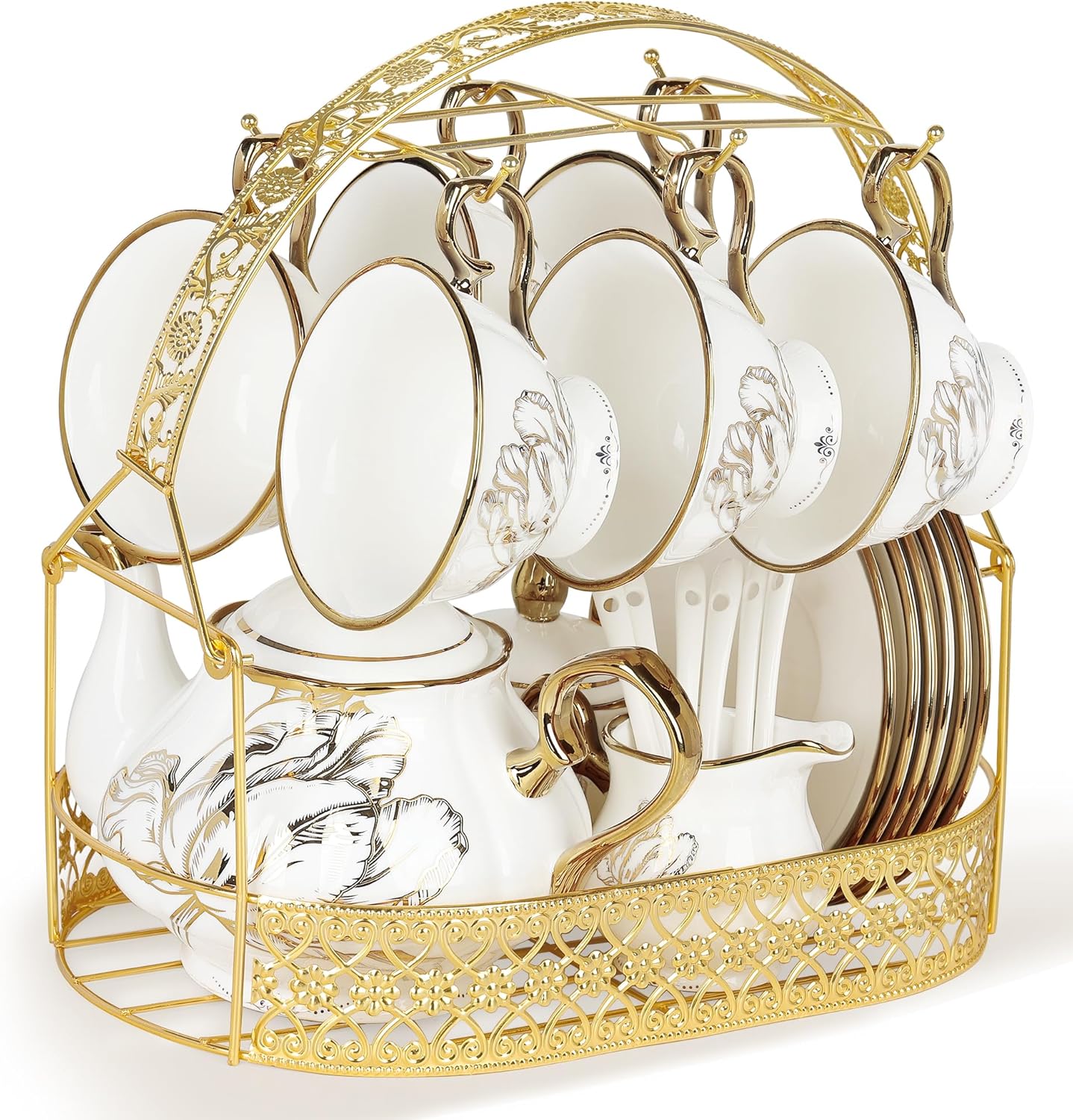 British Porcelain Tea Coffee Set 22 Piece New Bone China Gold Tulip Tea Service for Afternoon Tea, 6 TeaCup and Saucers with Metal Holder for Home Wedding Birthday