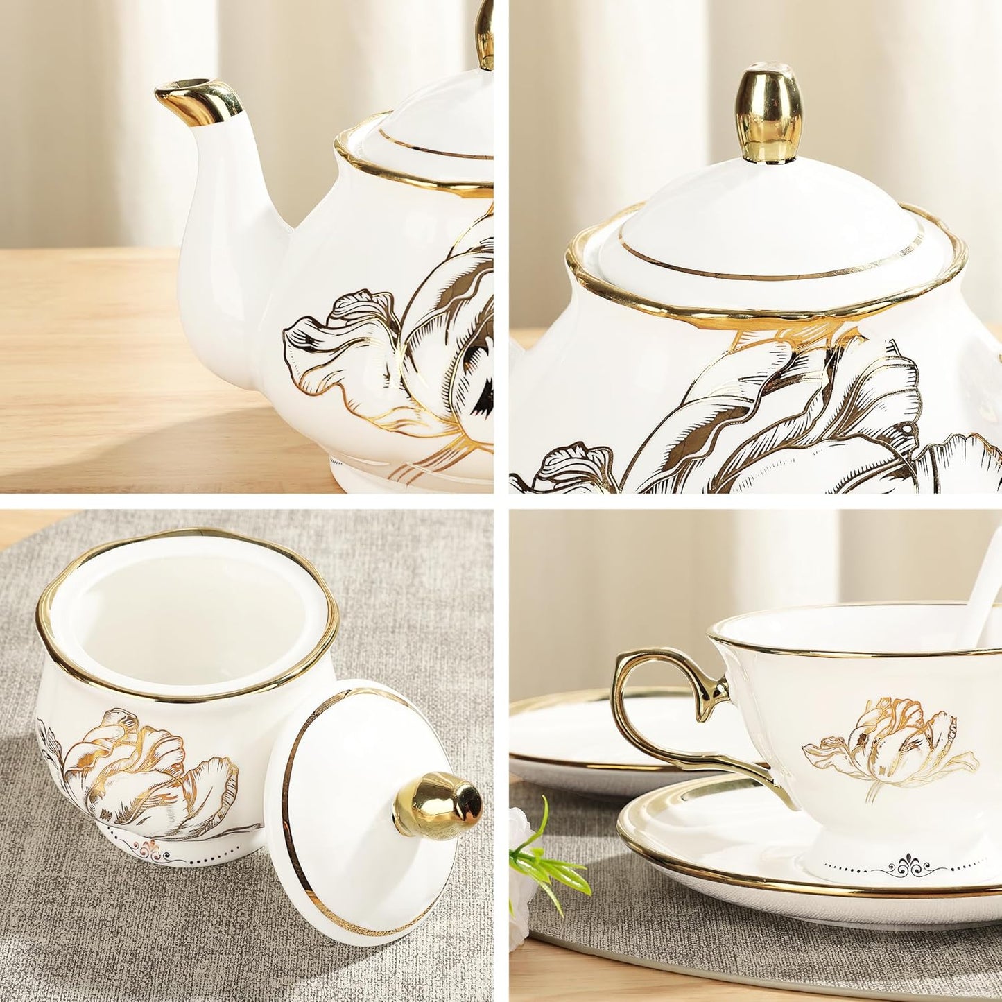 British Porcelain Tea Coffee Set 22 Piece New Bone China Gold Tulip Tea Service for Afternoon Tea, 6 TeaCup and Saucers with Metal Holder for Home Wedding Birthday