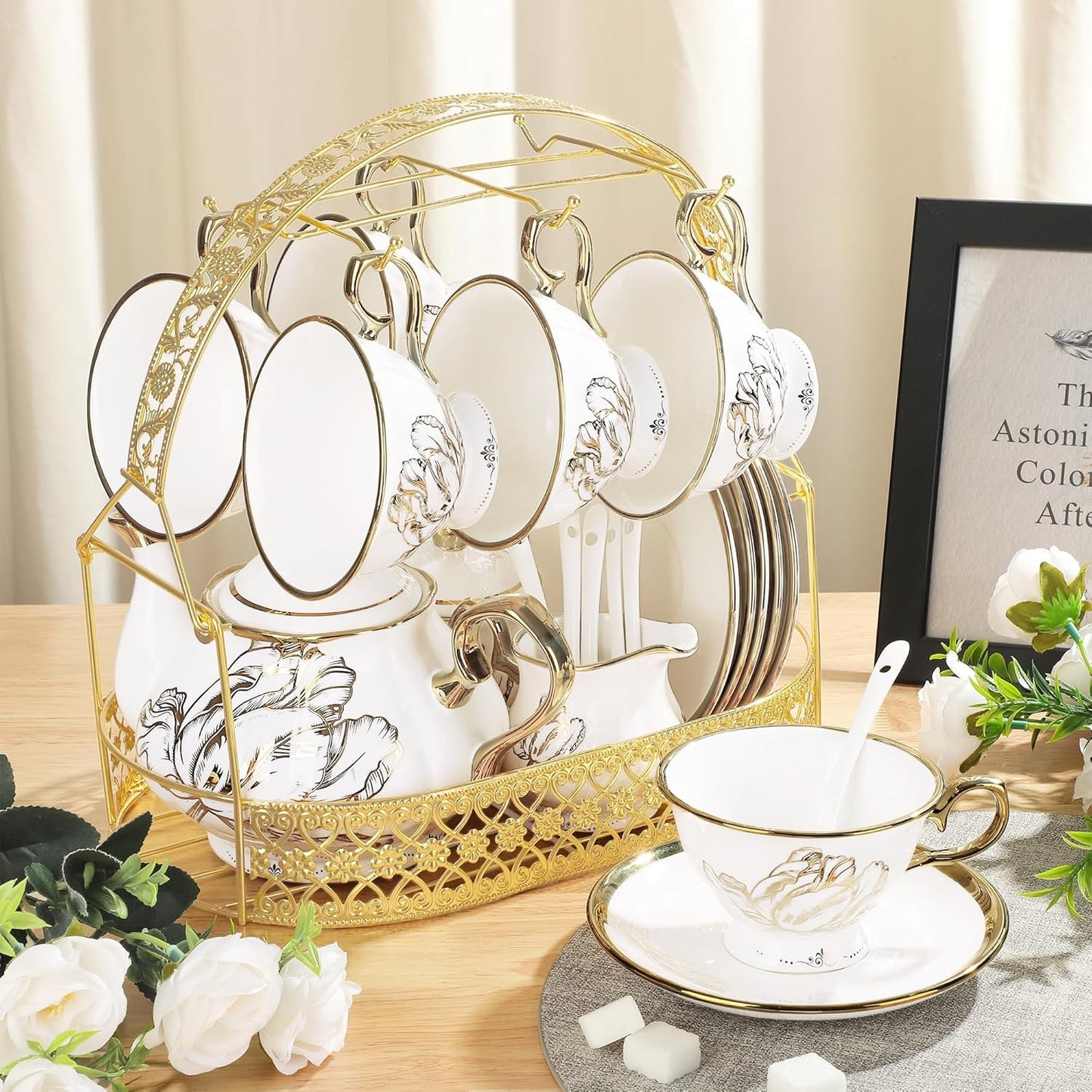 British Porcelain Tea Coffee Set 22 Piece New Bone China Gold Tulip Tea Service for Afternoon Tea, 6 TeaCup and Saucers with Metal Holder for Home Wedding Birthday