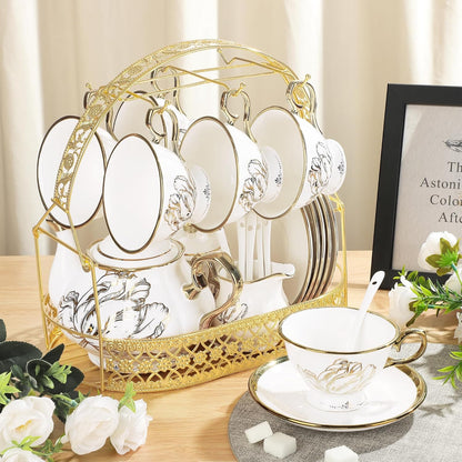 British Porcelain Tea Coffee Set 22 Piece New Bone China Gold Tulip Tea Service for Afternoon Tea, 6 TeaCup and Saucers with Metal Holder for Home Wedding Birthday