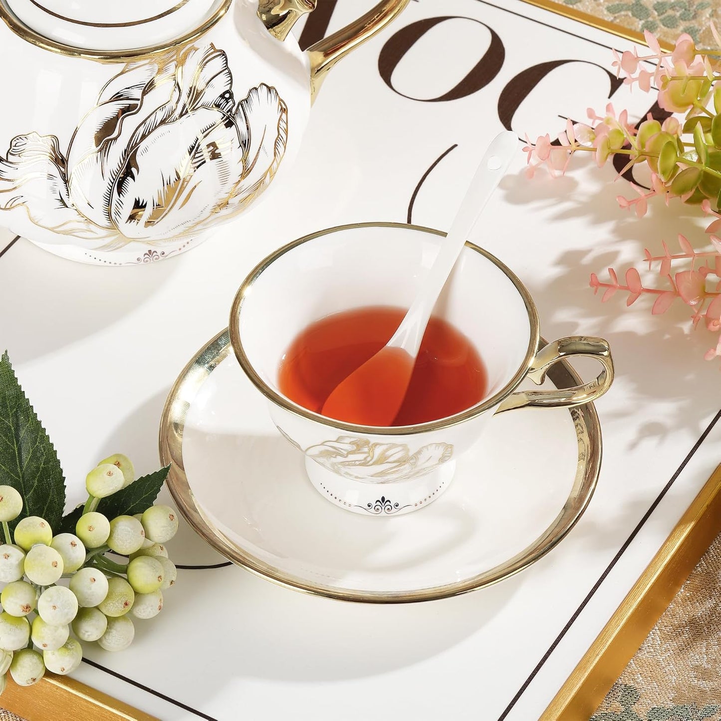 British Porcelain Tea Coffee Set 22 Piece New Bone China Gold Tulip Tea Service for Afternoon Tea, 6 TeaCup and Saucers with Metal Holder for Home Wedding Birthday