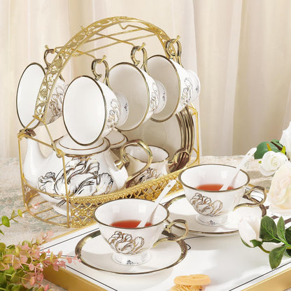 British Porcelain Tea Coffee Set 22 Piece New Bone China Gold Tulip Tea Service for Afternoon Tea, 6 TeaCup and Saucers with Metal Holder for Home Wedding Birthday