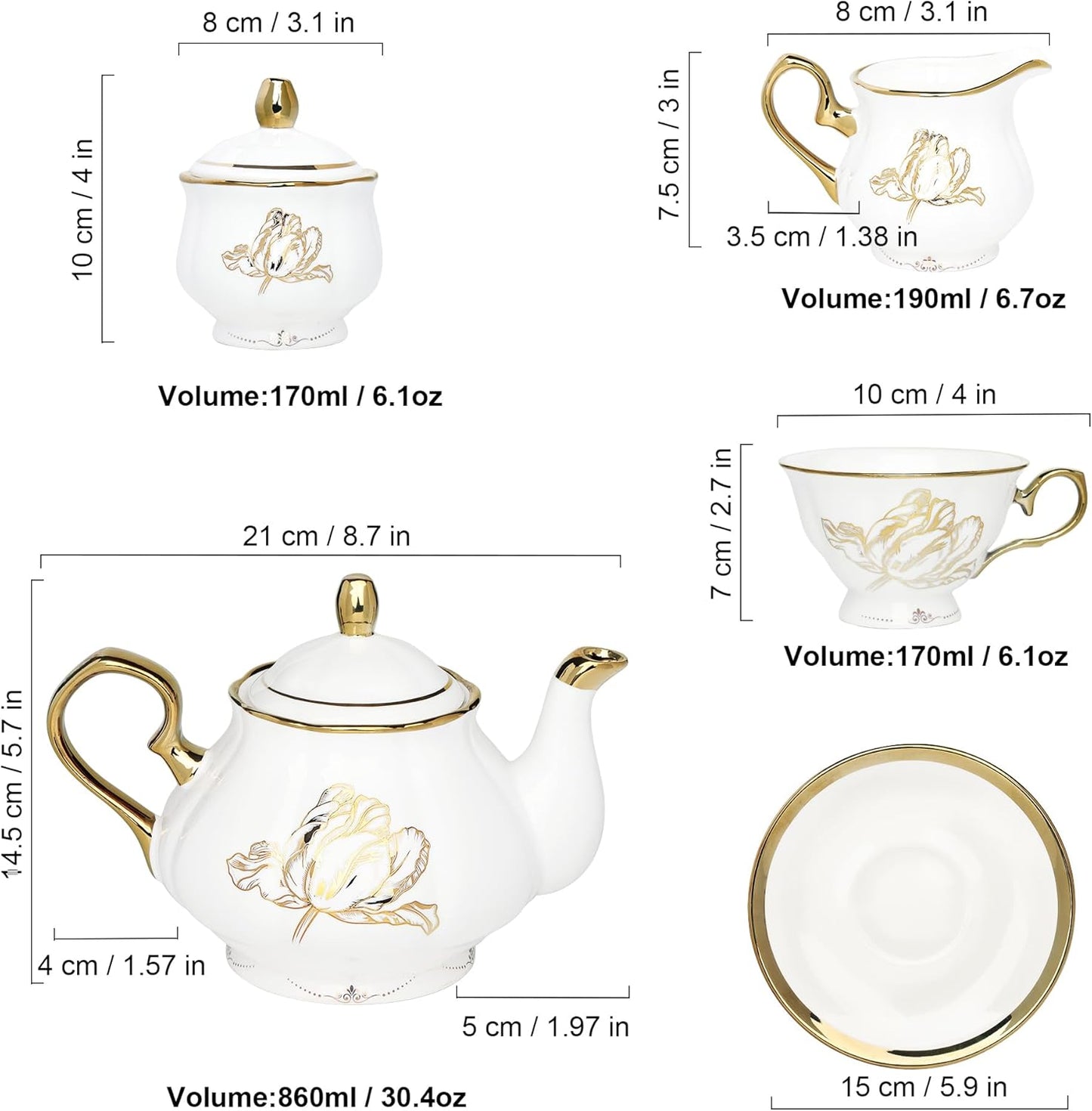 British Porcelain Tea Coffee Set 22 Piece New Bone China Gold Tulip Tea Service for Afternoon Tea, 6 TeaCup and Saucers with Metal Holder for Home Wedding Birthday