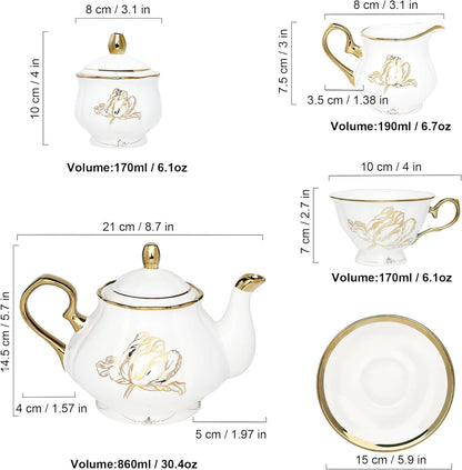 British Porcelain Tea Coffee Set 22 Piece New Bone China Gold Tulip Tea Service for Afternoon Tea, 6 TeaCup and Saucers with Metal Holder for Home Wedding Birthday