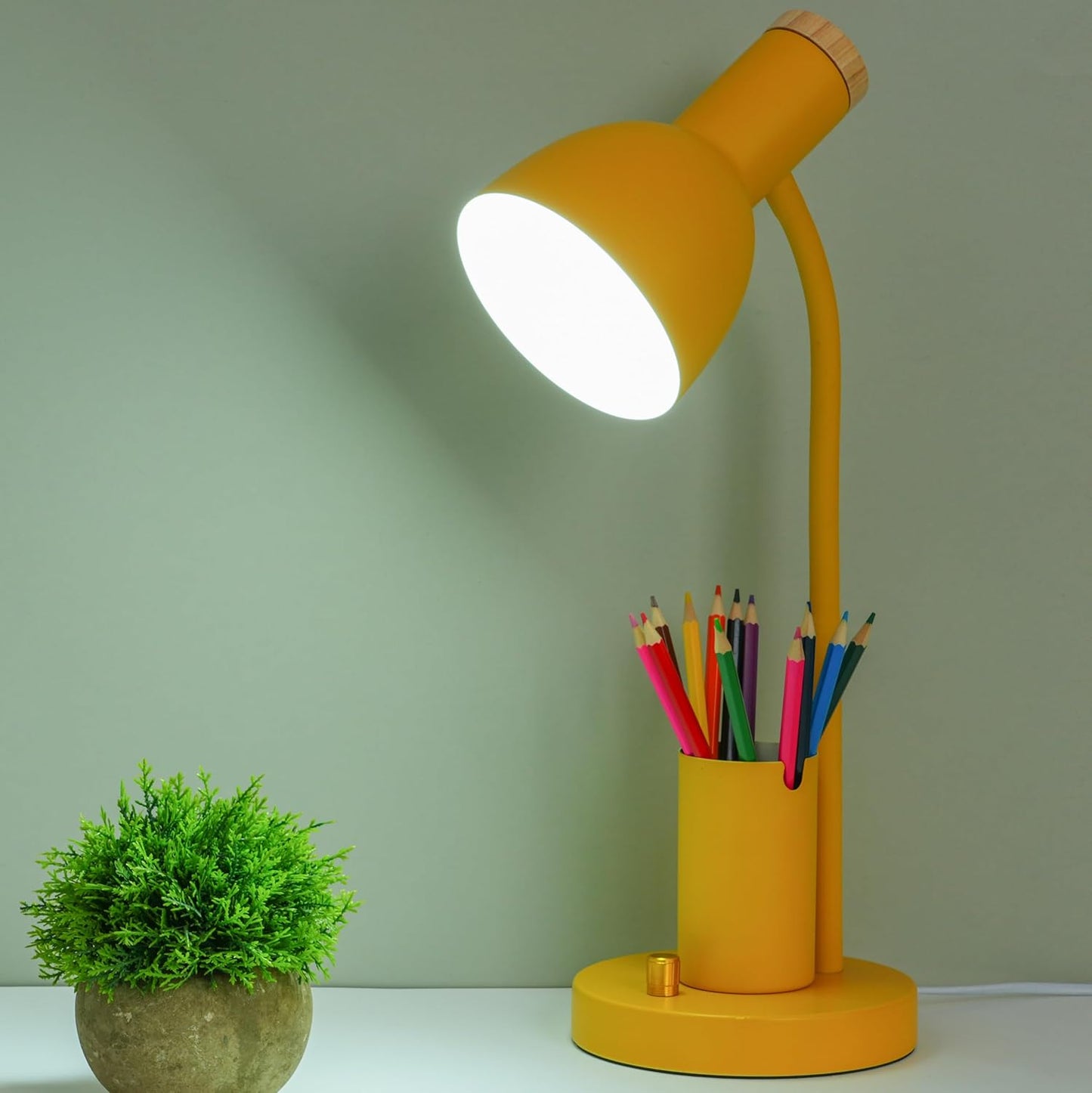 Desk Lamp with Pen Holder, Green, Wood Accent, Adjustable Gooseneck, Modern Study Light (Yellow)