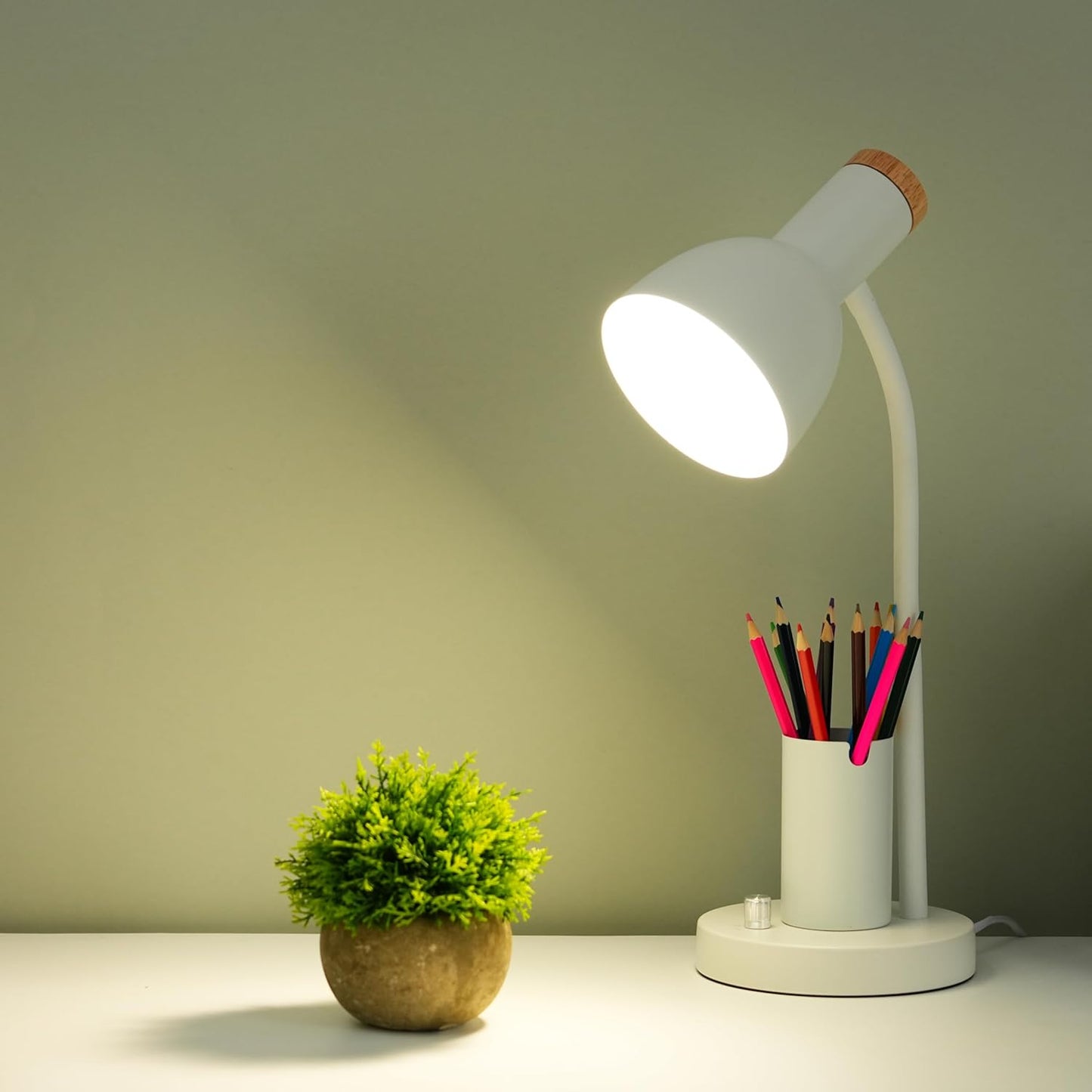 Desk Lamp with Pen Holder, Green, Wood Accent, Adjustable Gooseneck, Modern Study Light (Yellow)