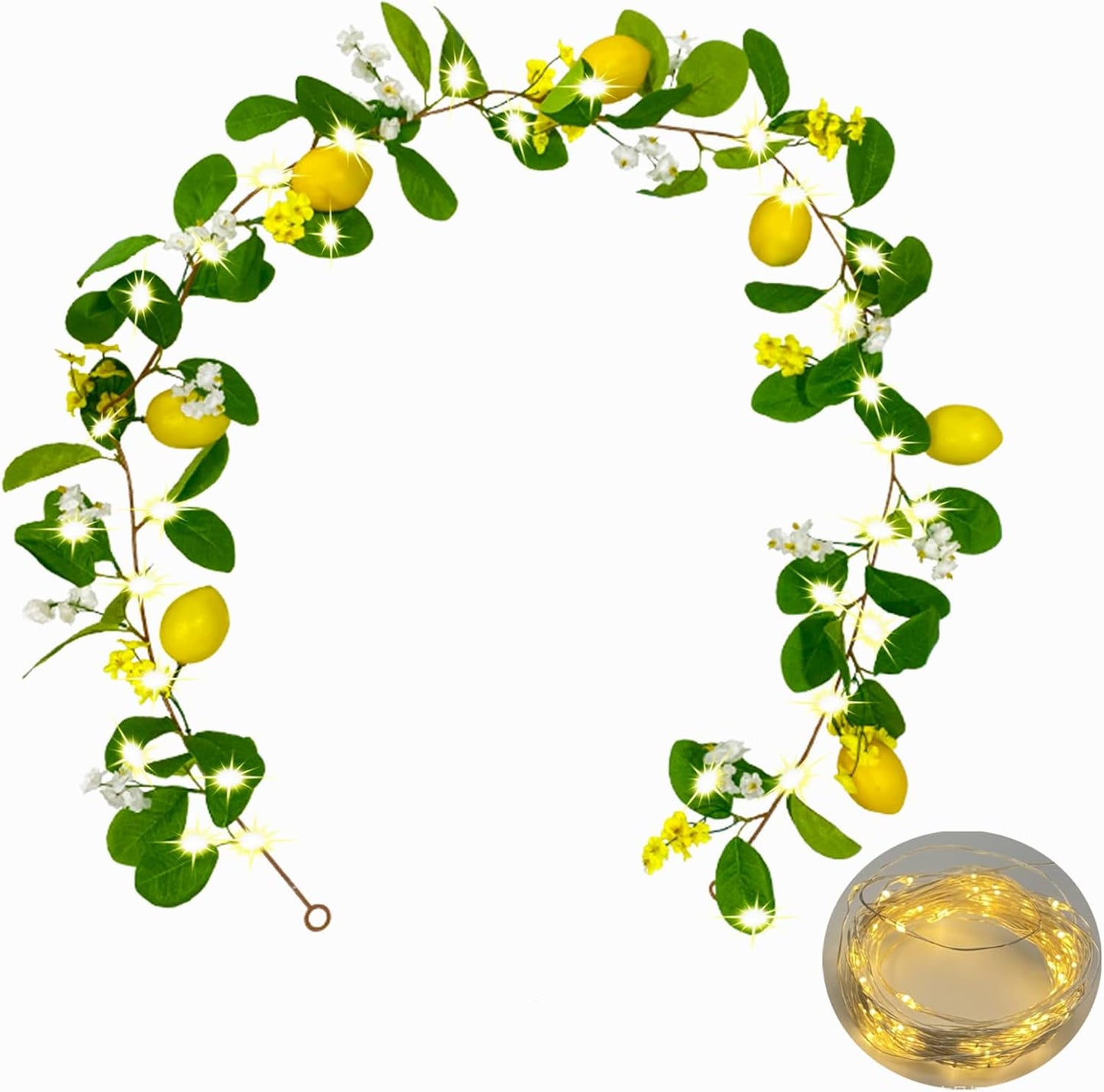 Artificial Lemon Garland with Fairy Lights Spring Summer Greenery Lemon Vine Plant Vivid Fruit Dense White and Yellow Flowers Hanging Wreath for Home Garden Wedding Party Christmas Décor