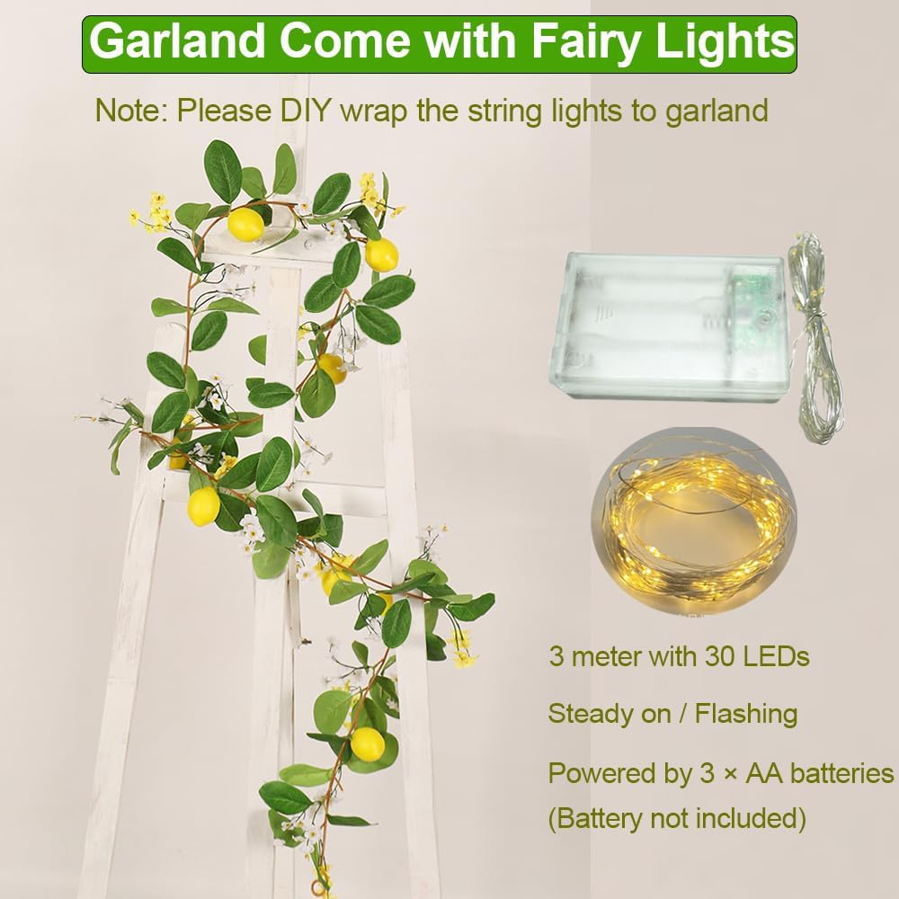 Artificial Lemon Garland with Fairy Lights Spring Summer Greenery Lemon Vine Plant Vivid Fruit Dense White and Yellow Flowers Hanging Wreath for Home Garden Wedding Party Christmas Décor