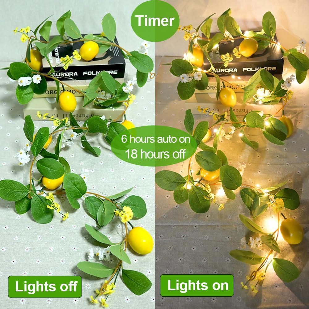 Artificial Lemon Garland with Fairy Lights Spring Summer Greenery Lemon Vine Plant Vivid Fruit Dense White and Yellow Flowers Hanging Wreath for Home Garden Wedding Party Christmas Décor