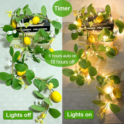 Artificial Lemon Garland with Fairy Lights Spring Summer Greenery Lemon Vine Plant Vivid Fruit Dense White and Yellow Flowers Hanging Wreath for Home Garden Wedding Party Christmas Décor