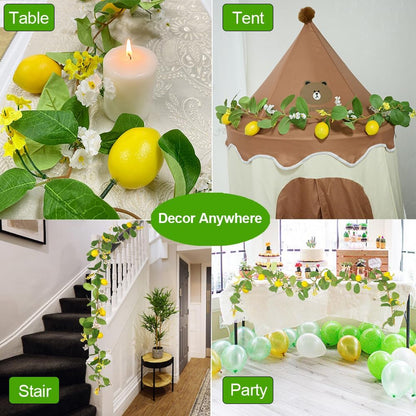 Artificial Lemon Garland with Fairy Lights Spring Summer Greenery Lemon Vine Plant Vivid Fruit Dense White and Yellow Flowers Hanging Wreath for Home Garden Wedding Party Christmas Décor