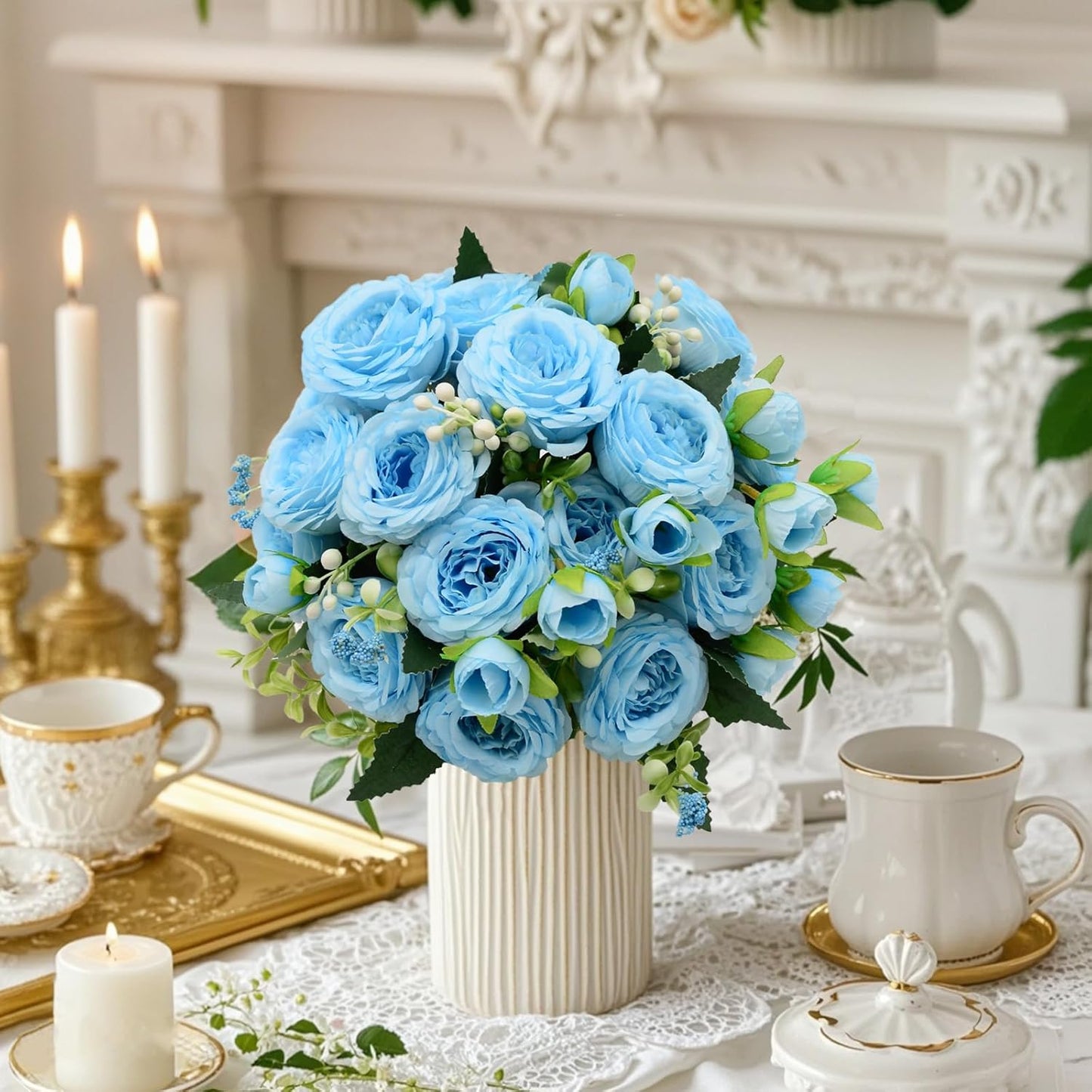 Artificial Flowers Bouquet 2 Pack Champagne Peonies Silk Faux Rose Bundle | 10 Austin Rose Flowers, Faux Flower for Home Wedding Floral Arrangements Dining Table Centerpieces Bridal Party Decoration