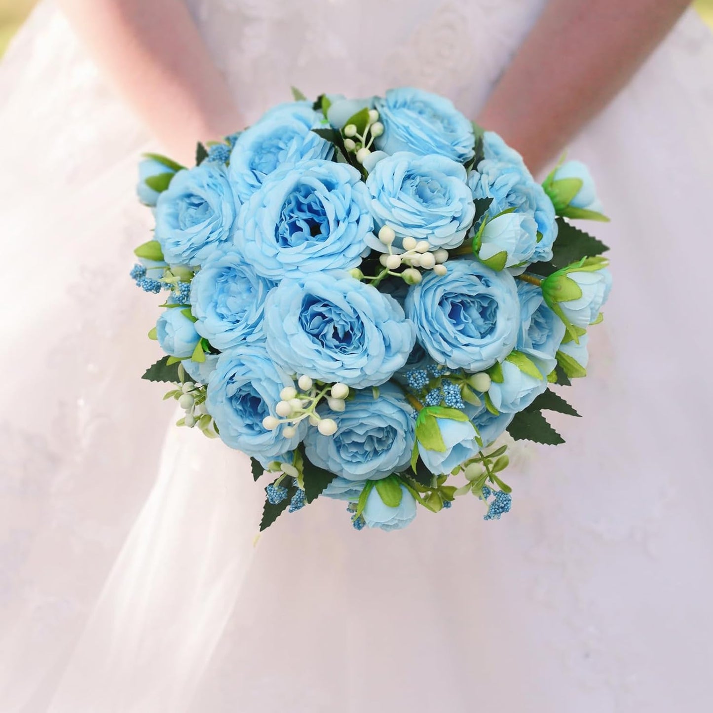 Artificial Flowers Bouquet 2 Pack Champagne Peonies Silk Faux Rose Bundle | 10 Austin Rose Flowers, Faux Flower for Home Wedding Floral Arrangements Dining Table Centerpieces Bridal Party Decoration