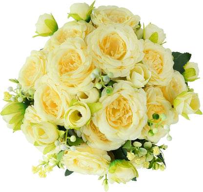 Artificial Flowers Bouquet 2 Pack Champagne Peonies Silk Faux Rose Bundle | 10 Austin Rose Flowers, Faux Flower for Home Wedding Floral Arrangements Dining Table Centerpieces Bridal Party Decoration