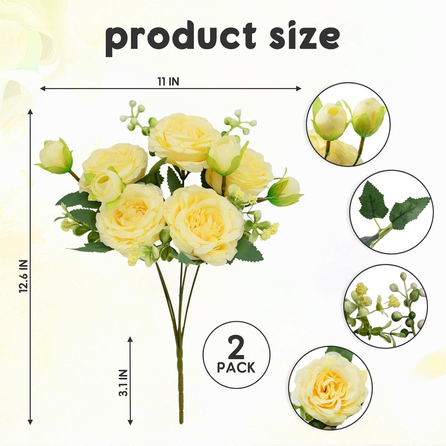 Artificial Flowers Bouquet 2 Pack Champagne Peonies Silk Faux Rose Bundle | 10 Austin Rose Flowers, Faux Flower for Home Wedding Floral Arrangements Dining Table Centerpieces Bridal Party Decoration