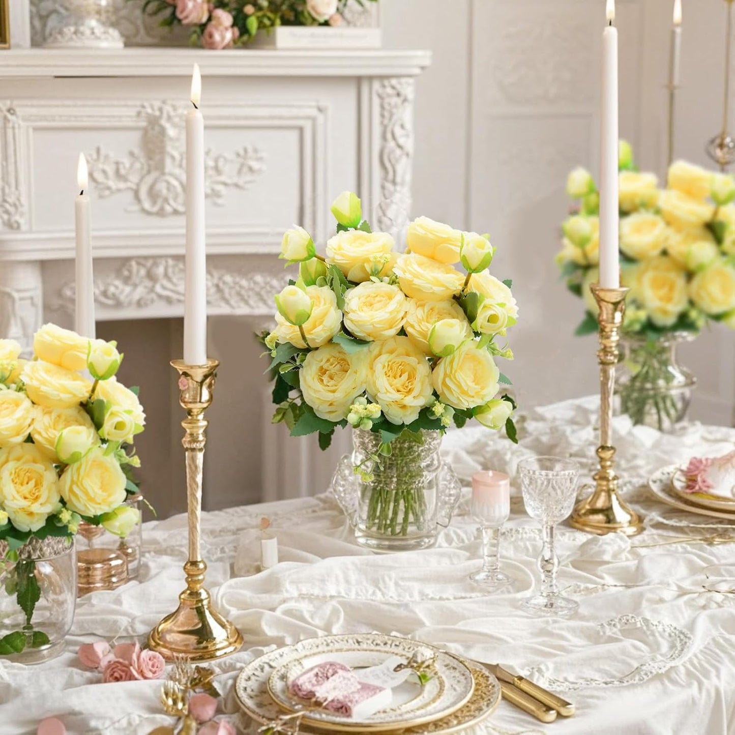 Artificial Flowers Bouquet 2 Pack Champagne Peonies Silk Faux Rose Bundle | 10 Austin Rose Flowers, Faux Flower for Home Wedding Floral Arrangements Dining Table Centerpieces Bridal Party Decoration