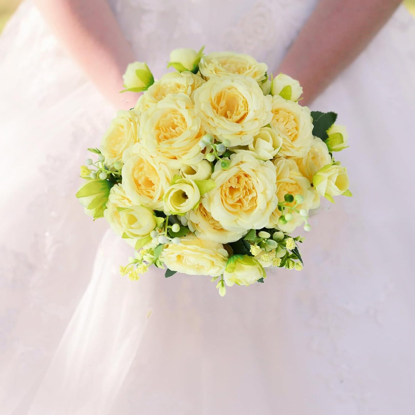 Artificial Flowers Bouquet 2 Pack Champagne Peonies Silk Faux Rose Bundle | 10 Austin Rose Flowers, Faux Flower for Home Wedding Floral Arrangements Dining Table Centerpieces Bridal Party Decoration