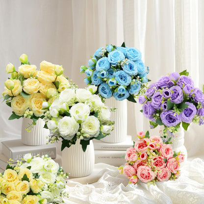 Artificial Flowers Bouquet 2 Pack Champagne Peonies Silk Faux Rose Bundle | 10 Austin Rose Flowers, Faux Flower for Home Wedding Floral Arrangements Dining Table Centerpieces Bridal Party Decoration