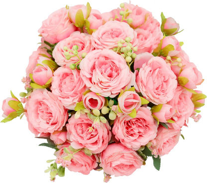 Artificial Flowers Bouquet 2 Pack Champagne Peonies Silk Faux Rose Bundle | 10 Austin Rose Flowers, Faux Flower for Home Wedding Floral Arrangements Dining Table Centerpieces Bridal Party Decoration