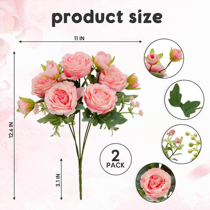 Artificial Flowers Bouquet 2 Pack Champagne Peonies Silk Faux Rose Bundle | 10 Austin Rose Flowers, Faux Flower for Home Wedding Floral Arrangements Dining Table Centerpieces Bridal Party Decoration
