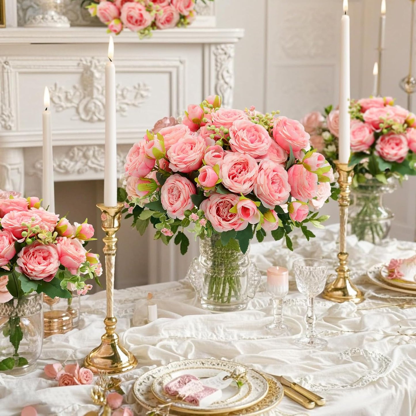 Artificial Flowers Bouquet 2 Pack Champagne Peonies Silk Faux Rose Bundle | 10 Austin Rose Flowers, Faux Flower for Home Wedding Floral Arrangements Dining Table Centerpieces Bridal Party Decoration