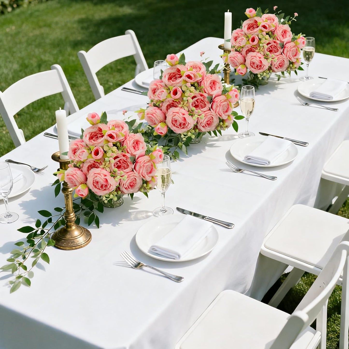 Artificial Flowers Bouquet 2 Pack Champagne Peonies Silk Faux Rose Bundle | 10 Austin Rose Flowers, Faux Flower for Home Wedding Floral Arrangements Dining Table Centerpieces Bridal Party Decoration
