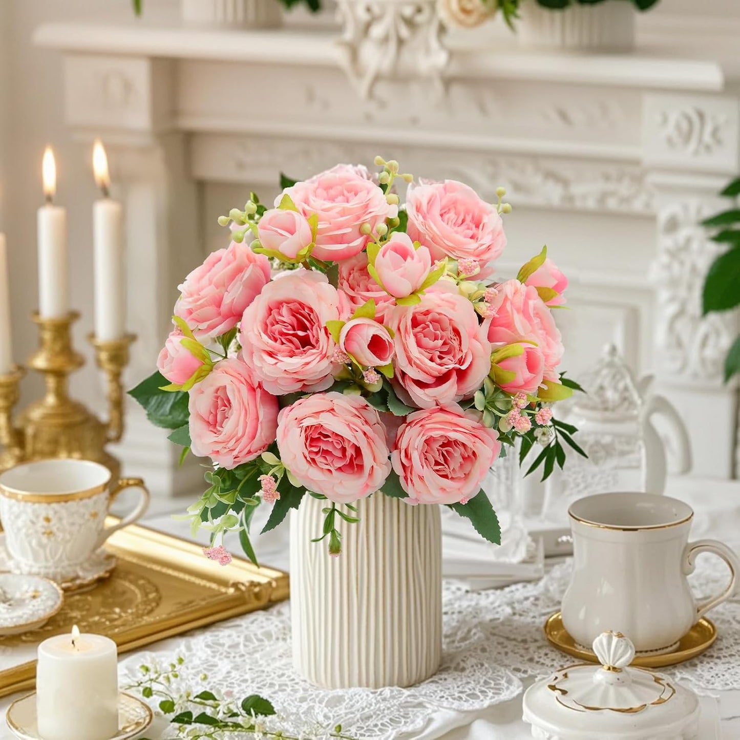 Artificial Flowers Bouquet 2 Pack Champagne Peonies Silk Faux Rose Bundle | 10 Austin Rose Flowers, Faux Flower for Home Wedding Floral Arrangements Dining Table Centerpieces Bridal Party Decoration