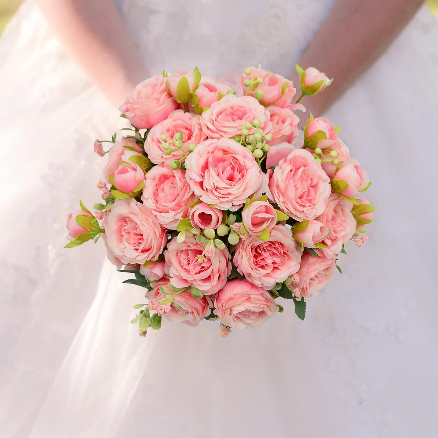 Artificial Flowers Bouquet 2 Pack Champagne Peonies Silk Faux Rose Bundle | 10 Austin Rose Flowers, Faux Flower for Home Wedding Floral Arrangements Dining Table Centerpieces Bridal Party Decoration