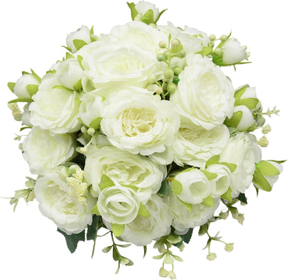 Artificial Flowers Bouquet 2 Pack Champagne Peonies Silk Faux Rose Bundle | 10 Austin Rose Flowers, Faux Flower for Home Wedding Floral Arrangements Dining Table Centerpieces Bridal Party Decoration