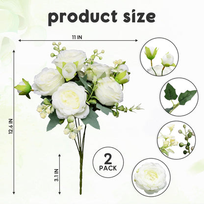 Artificial Flowers Bouquet 2 Pack Champagne Peonies Silk Faux Rose Bundle | 10 Austin Rose Flowers, Faux Flower for Home Wedding Floral Arrangements Dining Table Centerpieces Bridal Party Decoration