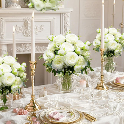 Artificial Flowers Bouquet 2 Pack Champagne Peonies Silk Faux Rose Bundle | 10 Austin Rose Flowers, Faux Flower for Home Wedding Floral Arrangements Dining Table Centerpieces Bridal Party Decoration